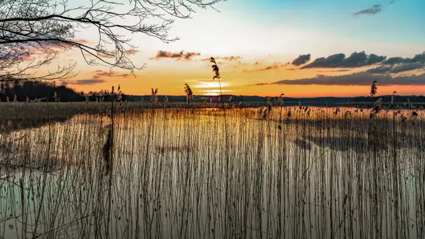 Zachód słońca nad jeziorem Dejguny, Lisi Ogon, kwiecień 2023 r.
