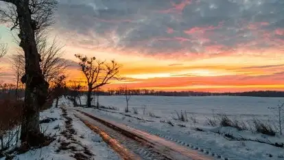 Wschód słońca w okolicach Sztynortu, zima 2021