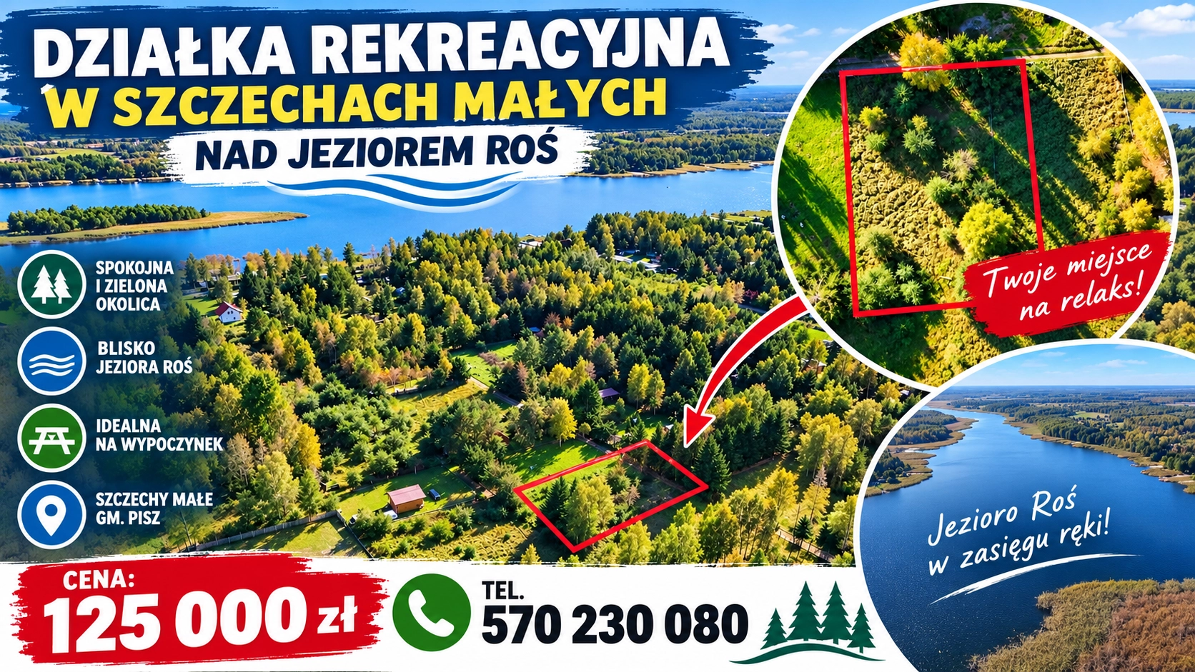 Działka rekreacyjna 1000 m2 nad jeziorem Roś 