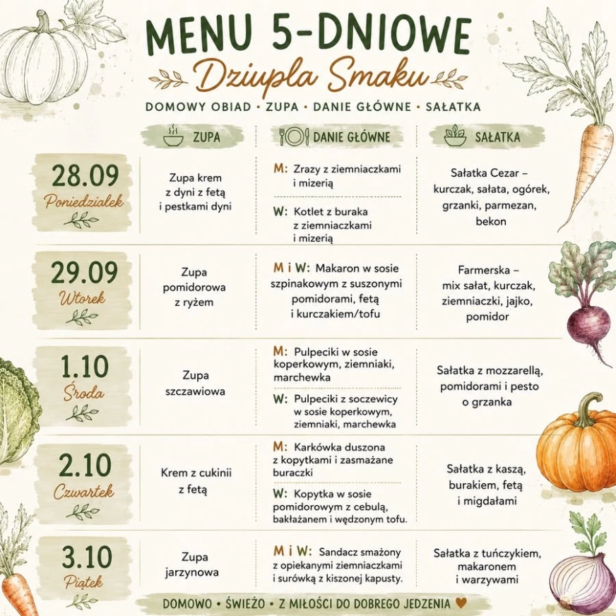 Przykładowe menu cateringu z Dziupli Smaku ma tydzień.