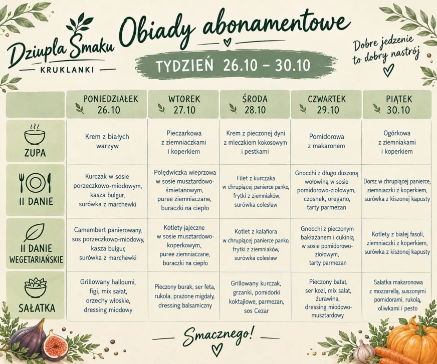 Menu obiadów abonamentowych na 26–30 października
